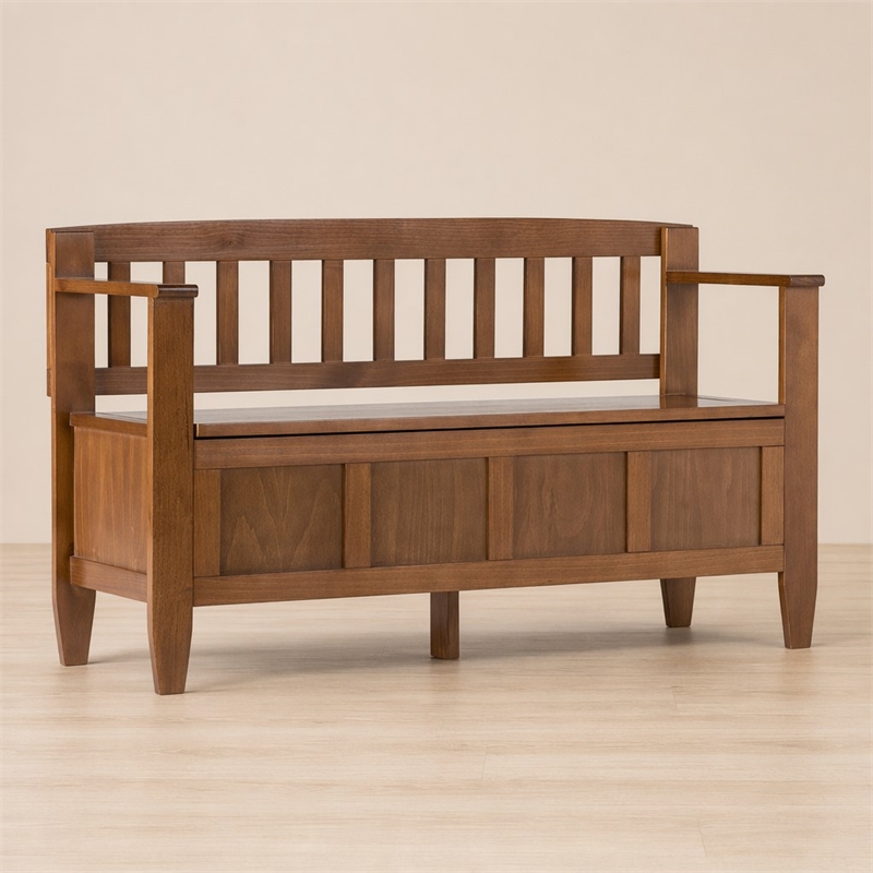 Pemberly Row Pine Entryway Storage Bench in Medium Saddle Brown