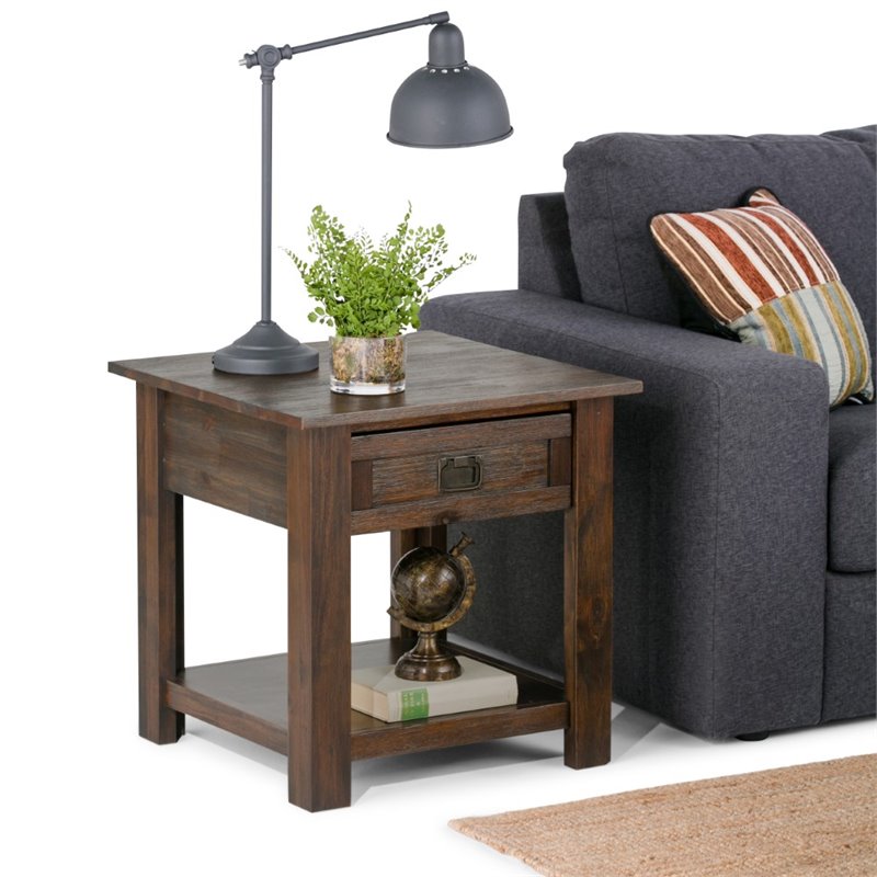 Pemberly Row End Table in Distressed Charcoal Brown Solid Acacia Wood