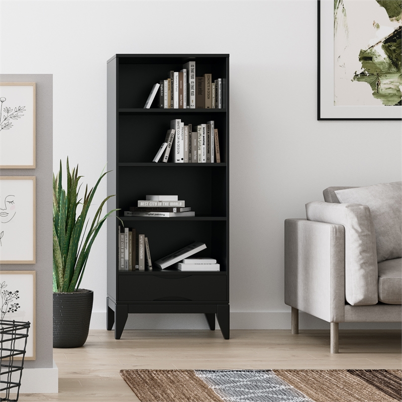 Pemberly Row 60 in Mid-Century Bookcase with Storage in Black Finish