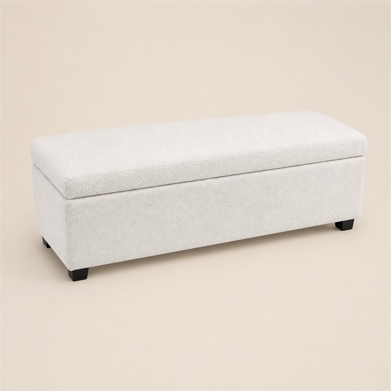 Pemberly Row Solid Wood Ottoman Bench with Boucle Upholstery in Ivory