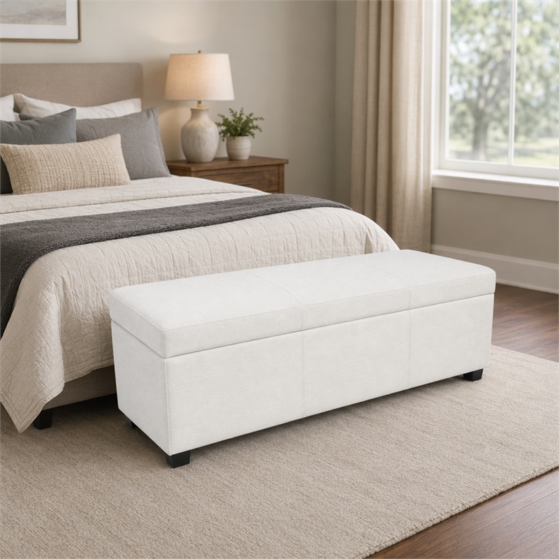 Pemberly Row Solid Wood Ottoman Bench in Alabaster Ivory Polyester Blend