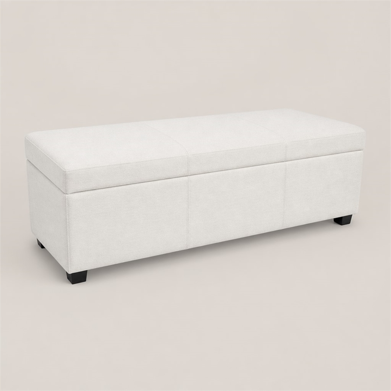 Pemberly Row Solid Wood Ottoman Bench in Alabaster Ivory Polyester Blend