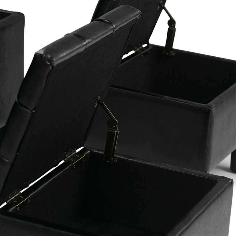 Pemberly Row Faux Leather 3 Piece Storage Ottoman Set in Black