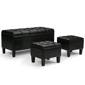 Pemberly Row Faux Leather 3 Piece Storage Ottoman Set in Black