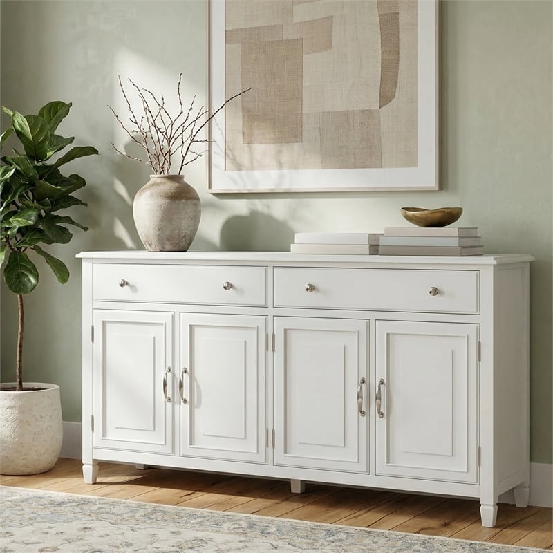Pemberly Row Solid Wood Wide Sideboard Buffet Cabinet in White