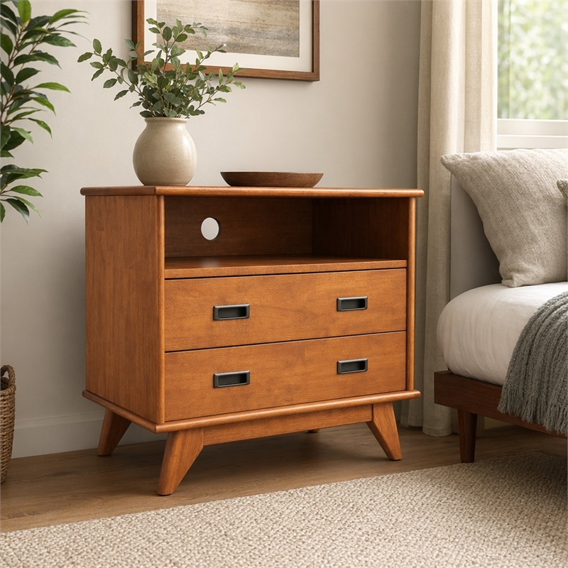 Pemberly Row Mid Century Bedside Table with Drawers in Teak Brown