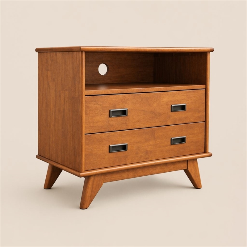 Pemberly Row Mid Century Bedside Table with Drawers in Teak Brown