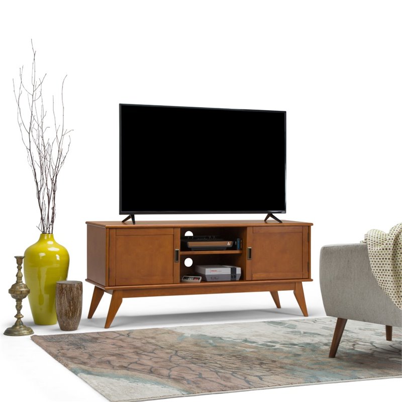 Pemberly Row Solid Hardwood 60 in TV Media Stand in Teak Brown