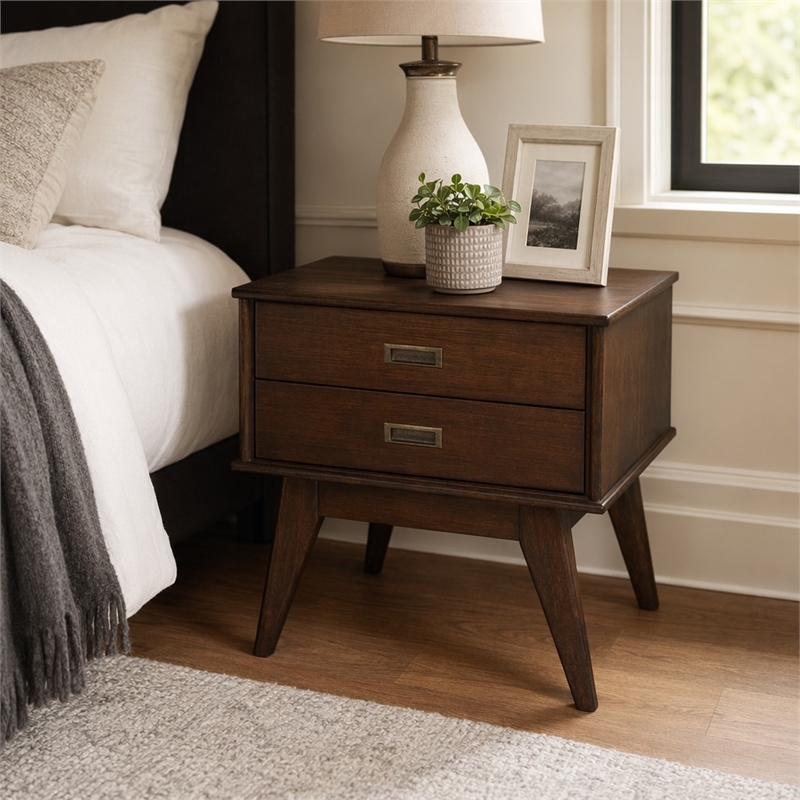 Pemberly Row Solid Wood Side Table with 2 Drawers in Auburn Brown