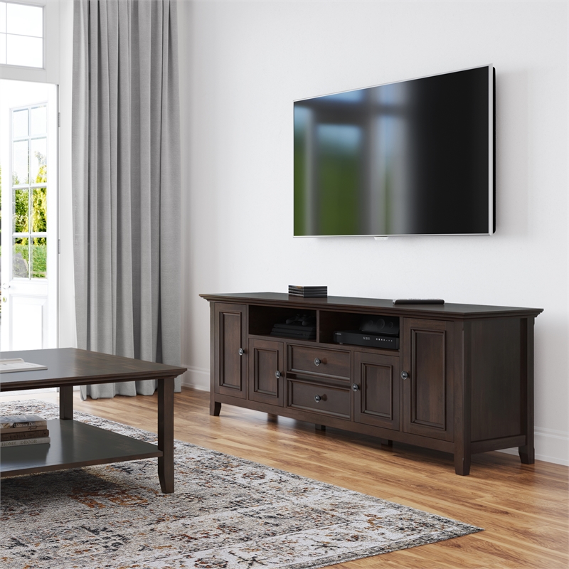 Pemberly Row 72 Inch Transitional TV Stand in Brunette Brown with Storage