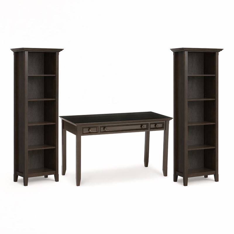 Pemberly Row Solid Wood Transitional Desk with Two Bookcases in Hickory Brown