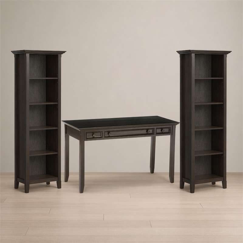 Pemberly Row Solid Wood Transitional Desk with Two Bookcases in Hickory Brown