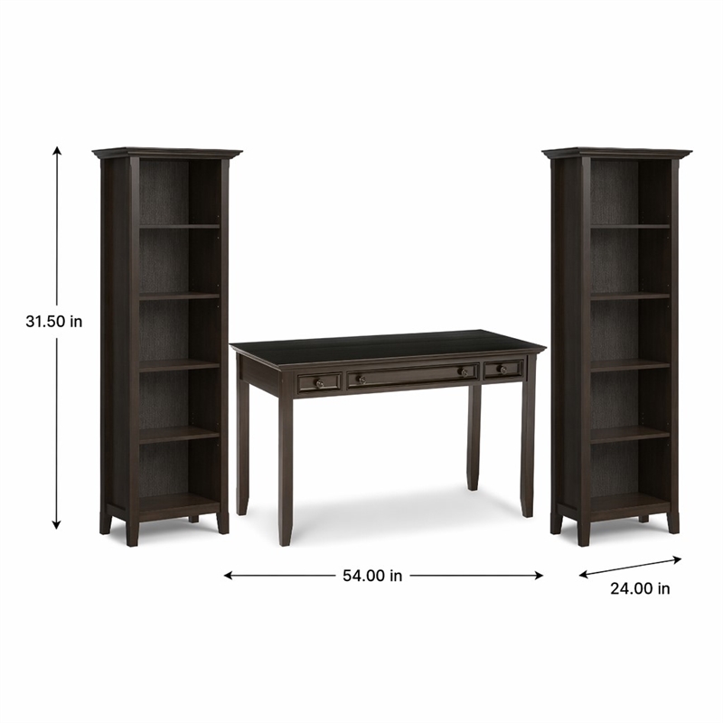 Pemberly Row Solid Wood Transitional Desk with Two Bookcases in Hickory Brown