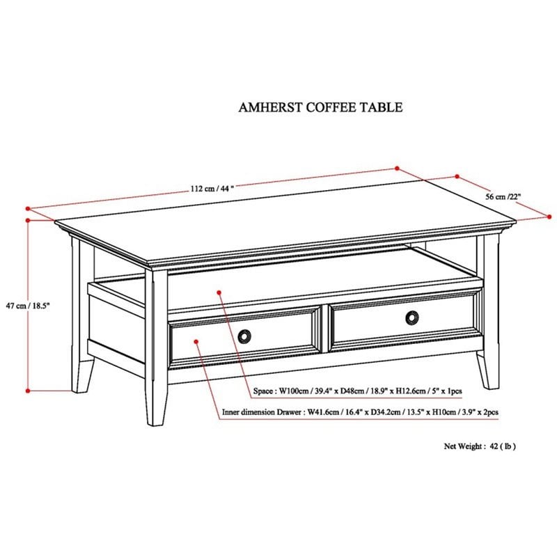 Pemberly Row Solid Wood Coffee Table with Drawers in Hickory Brown