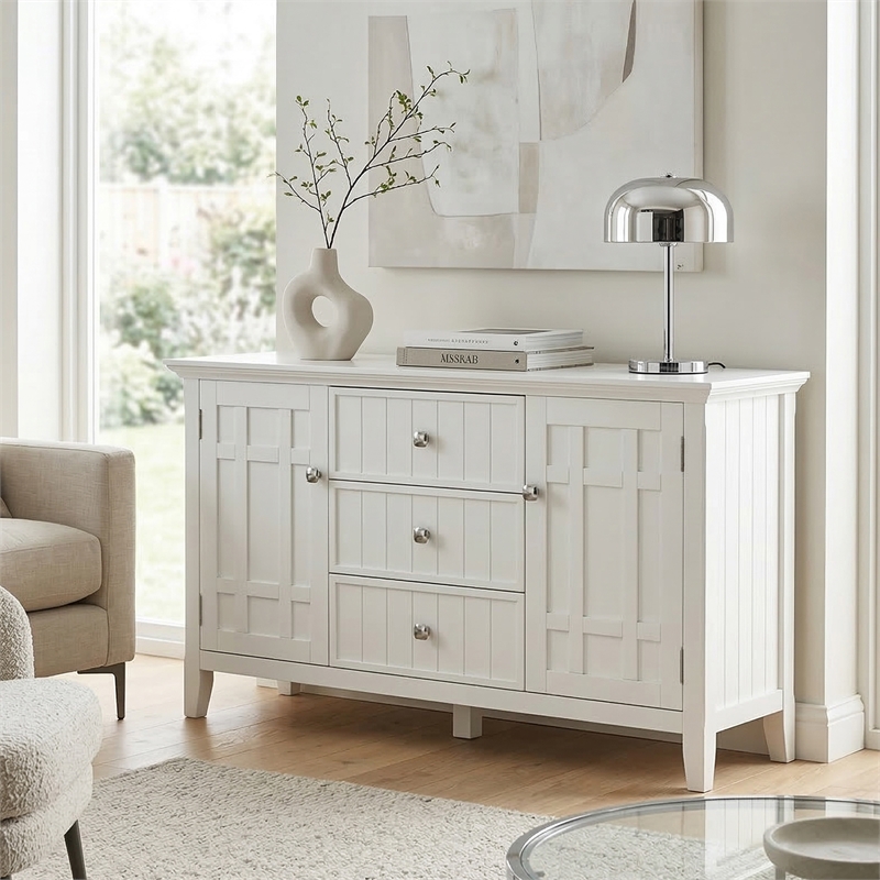 Pemberly Row Solid Wood Sideboard Buffet in White with Adjustable Shelves