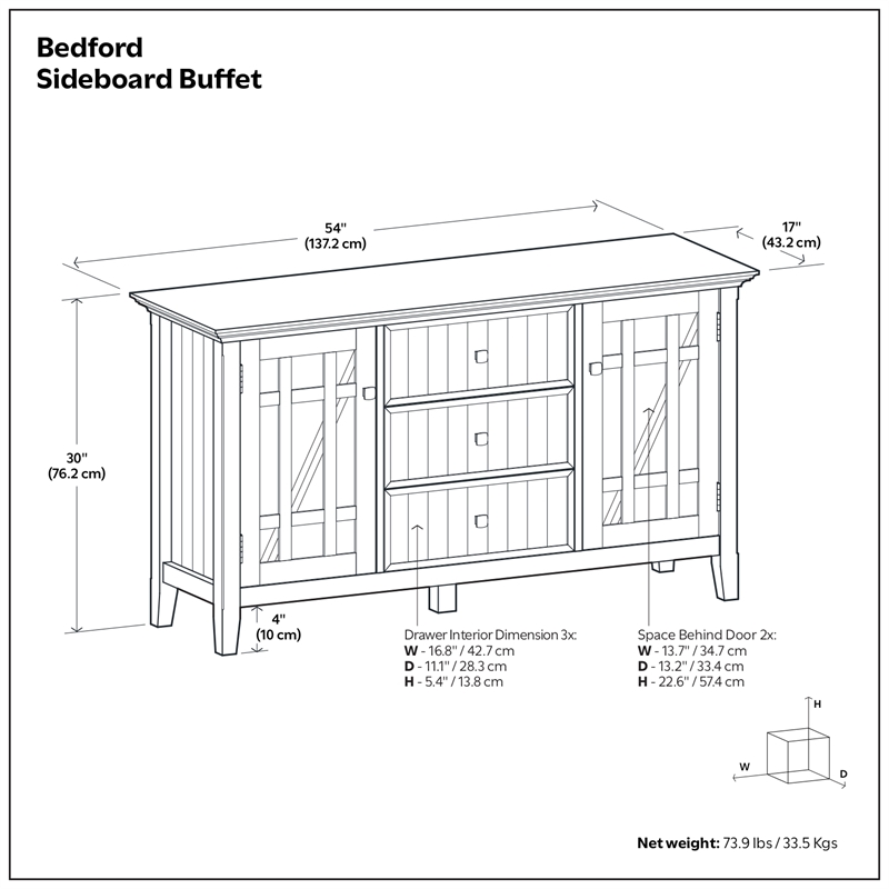 Pemberly Row Solid Wood Sideboard Buffet in White with Adjustable Shelves