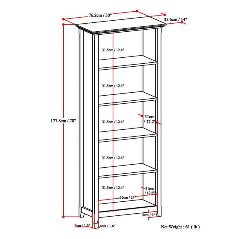 Pemberly Row 30 in Pine Transitional 5 Shelf Bookcase in White