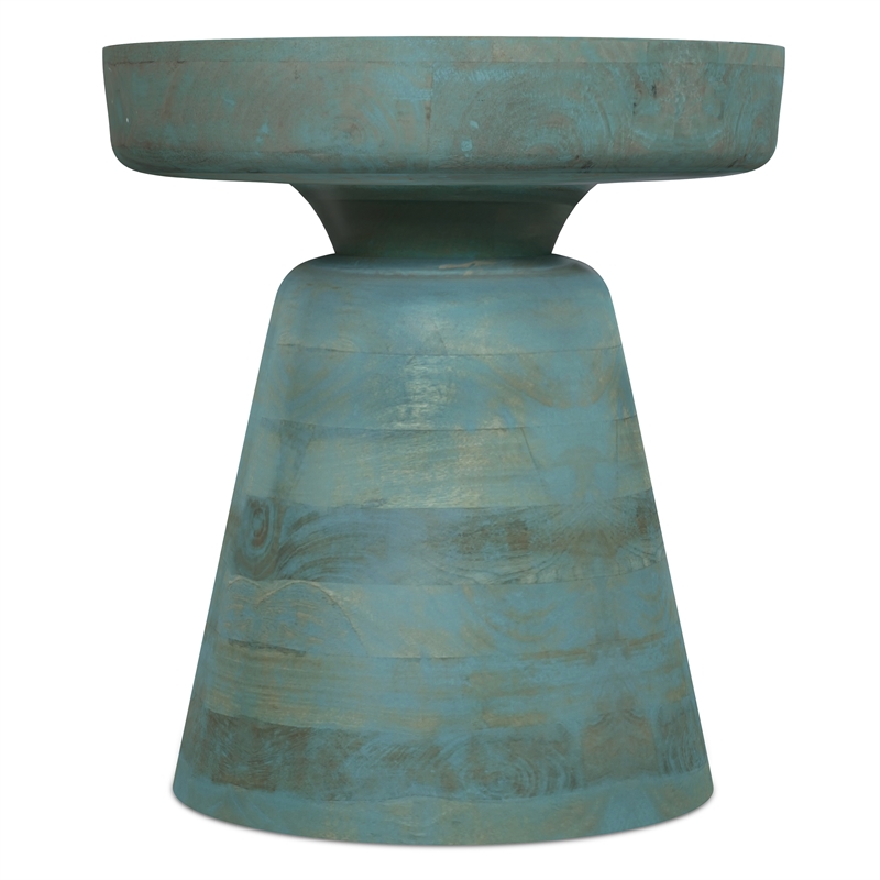 Pemberly Row Round Mango Wood Accent Table in Teal Wash Finish