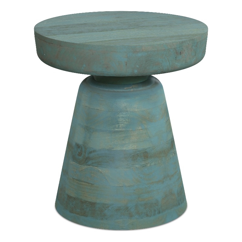 Pemberly Row Round Mango Wood Accent Table in Teal Wash Finish