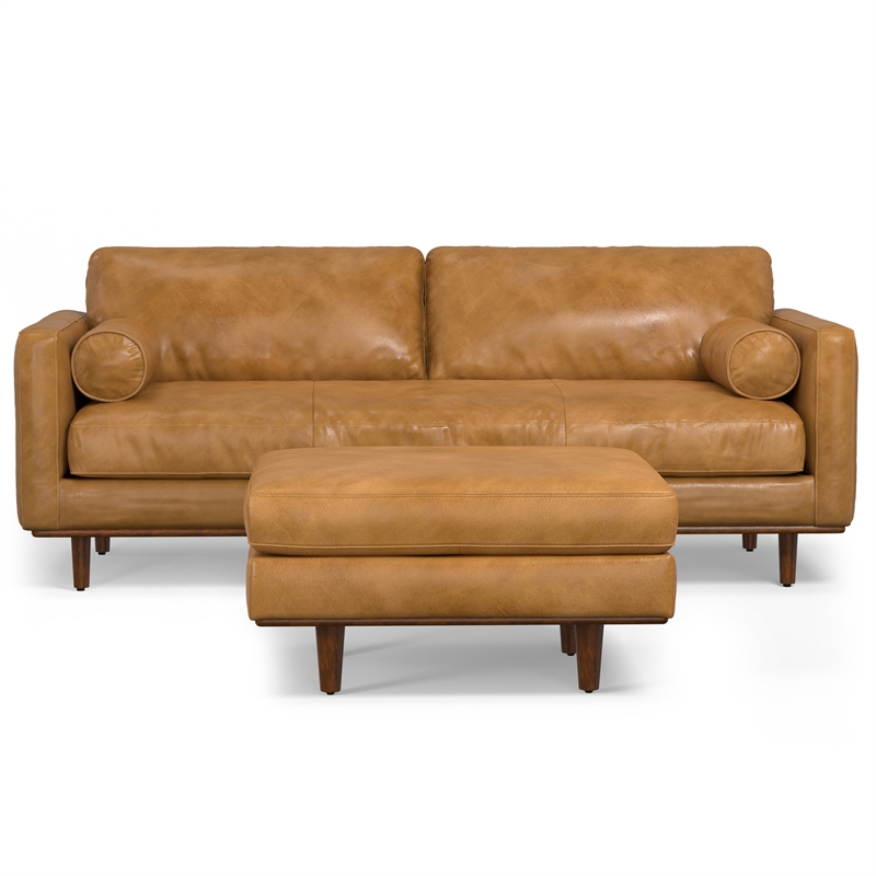 Pemberly Row Morrison Mid-Century Modern Leather Sofa Set in Sienna