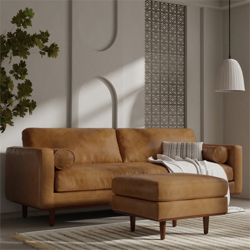 Pemberly Row Morrison Mid-Century Modern Leather Sofa Set in Sienna