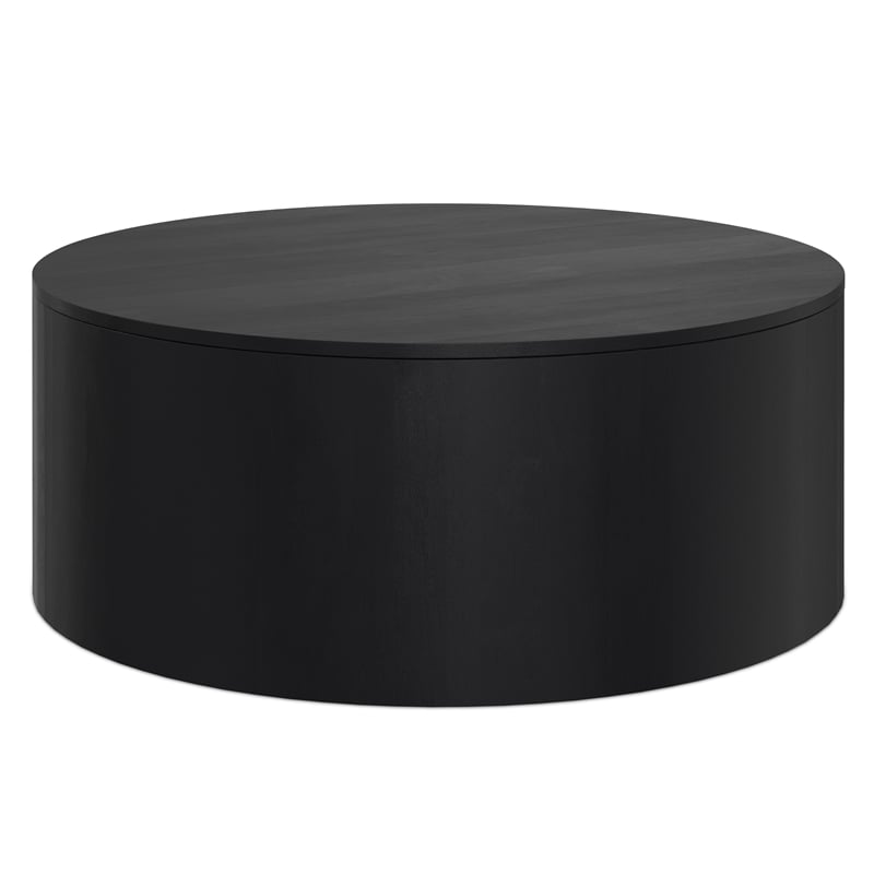 Pemberly Row Round Drum Coffee Table in Black Solid Mango Wood