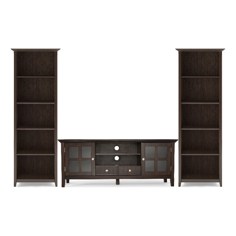 Pemberly Row TV Stand and 5-Shelf Bookcase Set in Brunette Brown (3 PCs)