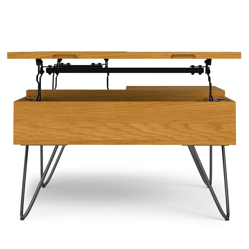 Pemberly Row Industrial Lift-Top Coffee Table in Solid Wood Oak Veneer