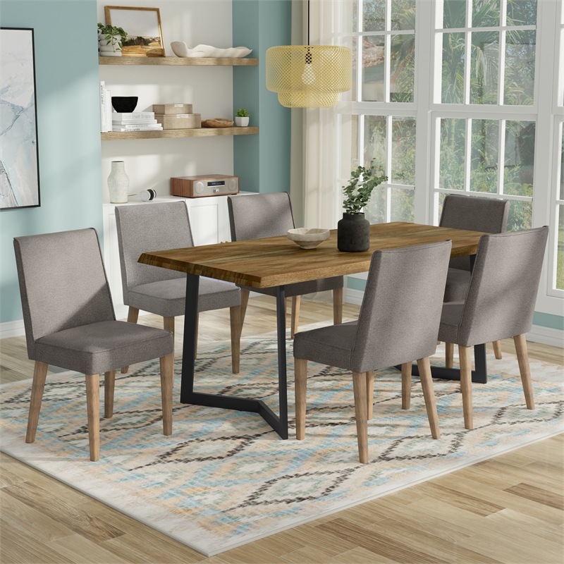 Pemberly Row 7Pc Dining Set with Taupe Fabric Chairs and Mango Wood Table