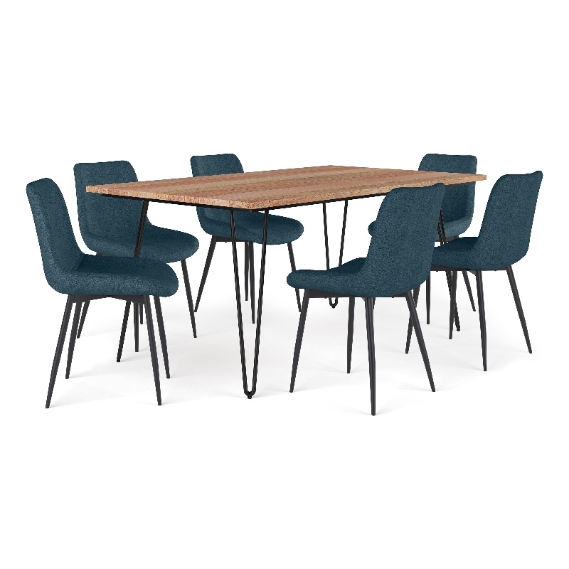 Pemberly Row 7Pc Mango Wood and Metal Dining Set with Blue Fabric Chairs