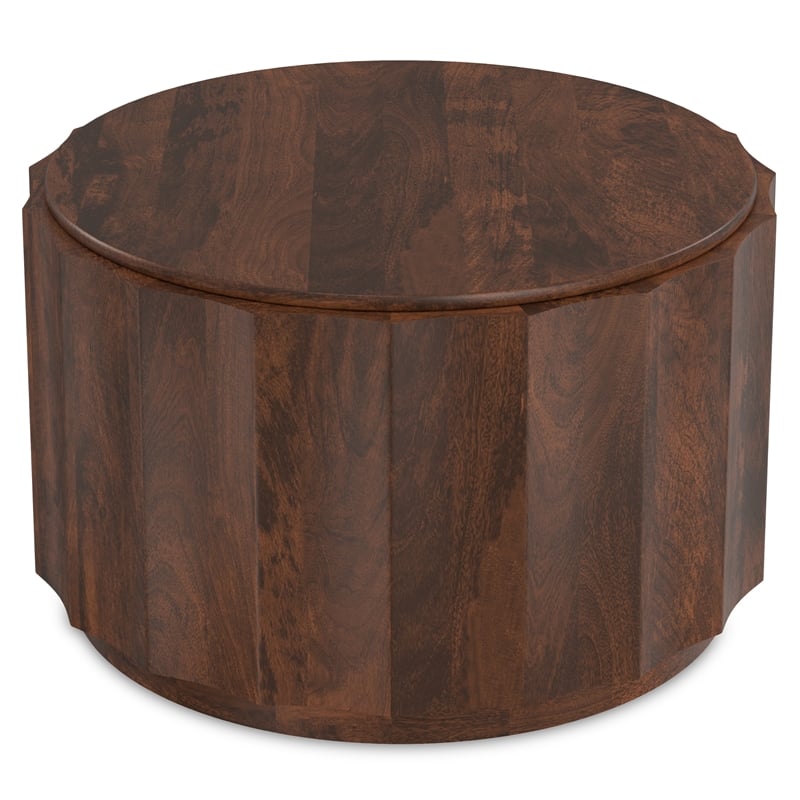 Pemberly Row Trenton Solid Wood Geometric 32 in Round Coffee Table Walnut Brown