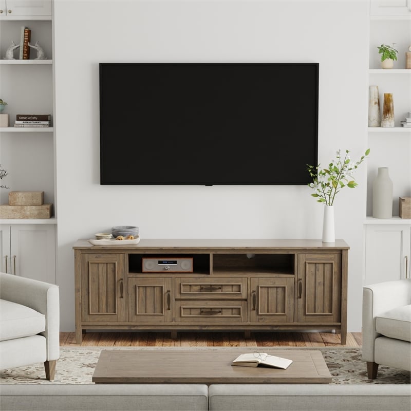 Pemberly Row Solid Wood TV Stand in Smoky Brown for TVs up to 80 in