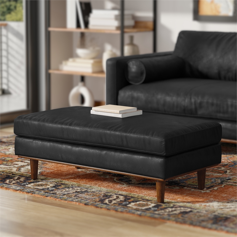 Pemberly Row Large Rectangular Ottoman in Lead Black Genuine Leather