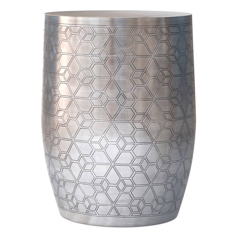 Pemberly Row Geometric Pattern Metal Accent Table in Antique Silver