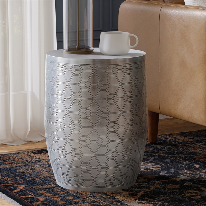 Pemberly Row Geometric Pattern Metal Accent Table in Antique Silver