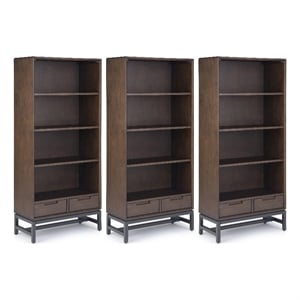Pemberly Row 3-Piece Rubberwood Bookcase Set with Metal Base in Walnut Brown