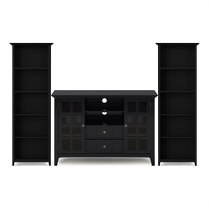 Pemberly Row 3-Piece Solid Pine TV Stand and 2 Tall Bookcases in Black