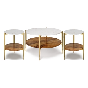 Pemberly Row Mango Marble Coffee Table & End Tables Multi-Finish Set of 3