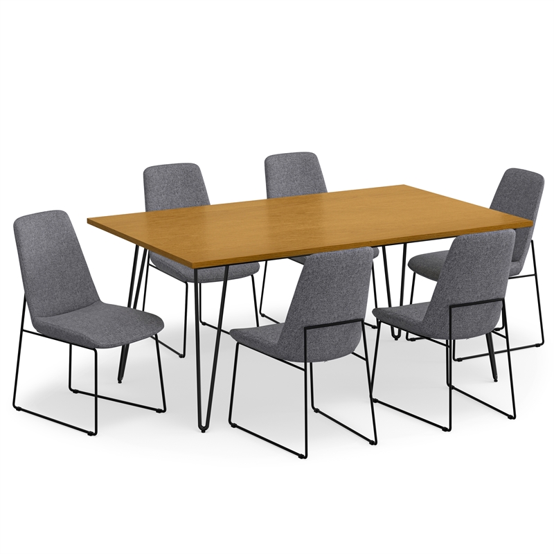 Pemberly Row 7-Piece Dining Set with Oak Veneer Table and Grey Chairs