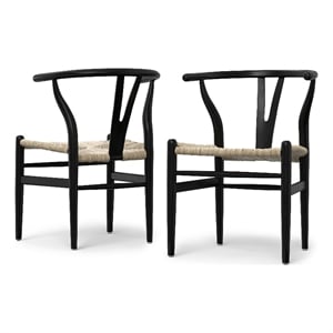 Pemberly Row Hershey Dining Chair Set of 2 in Black Wood and Rope