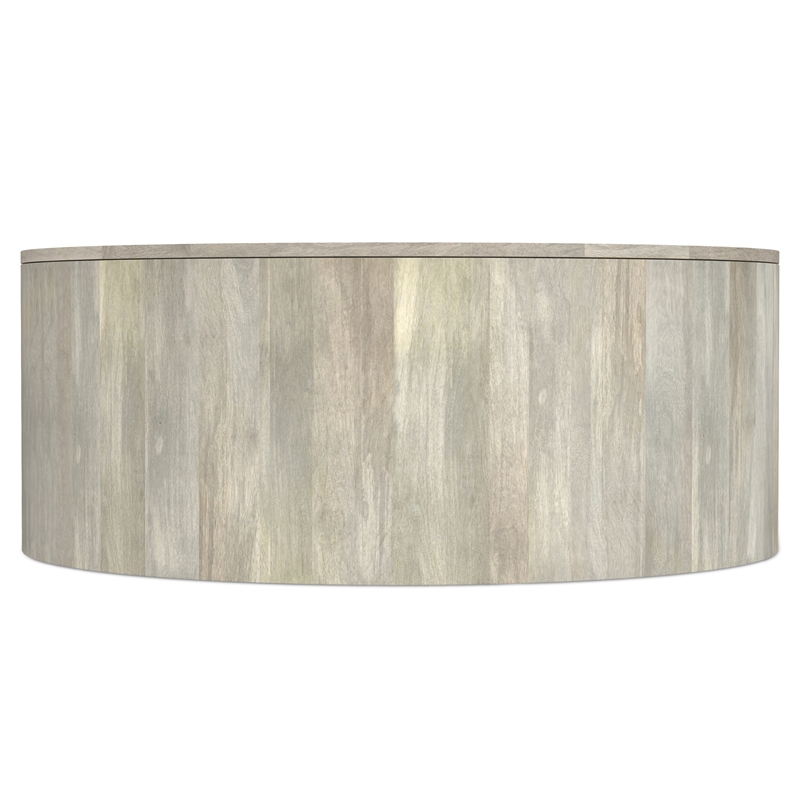 Pemberly Row Mango Wood Round Drum Coffee Table in White Wash