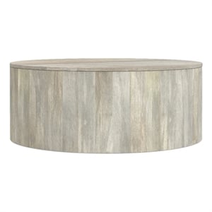 Pemberly Row Mango Wood Round Drum Coffee Table in White Wash