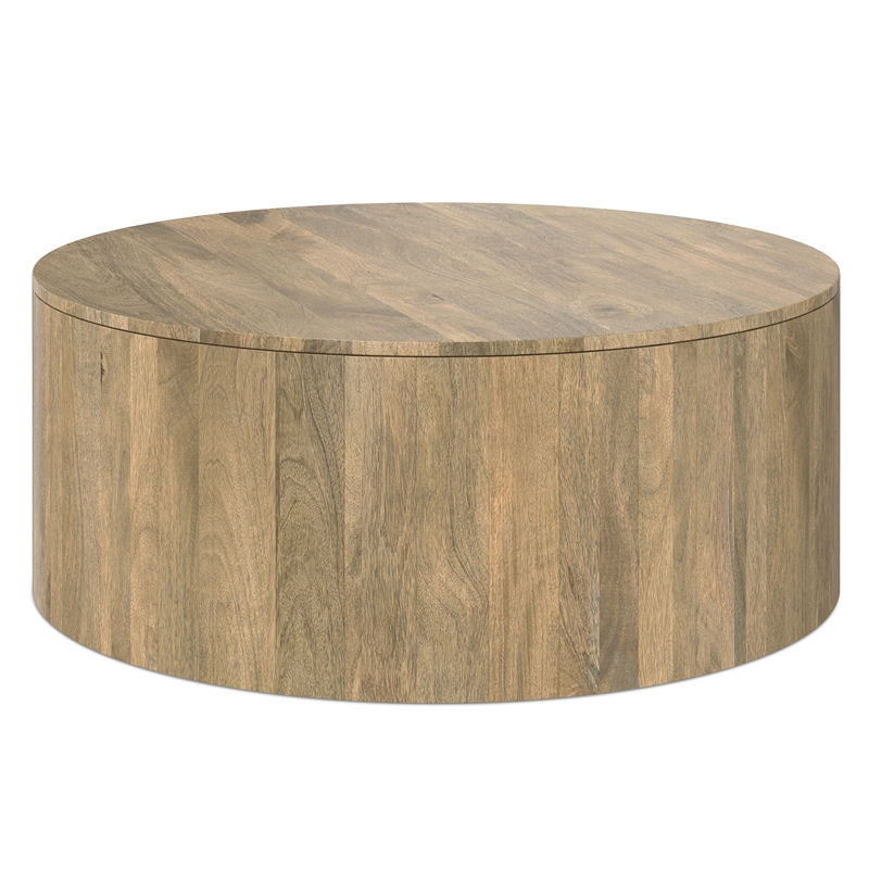 Pemberly Row Mango Wood Round Drum Coffee Table in Briarsmoke