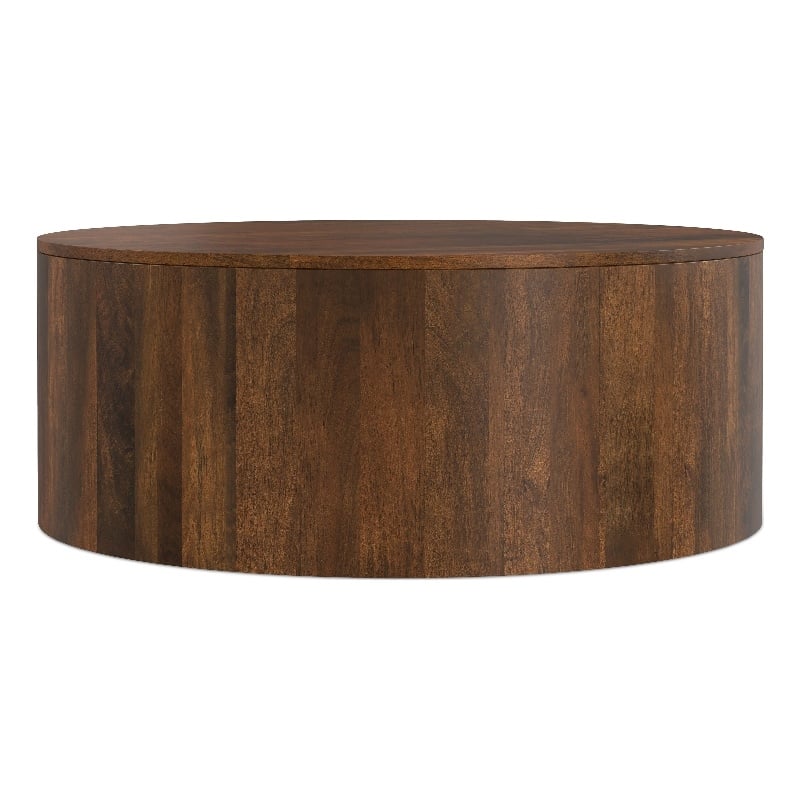 Pemberly Row Drum Coffee Table in Mango Wood Walnut Brown 36 in Wide