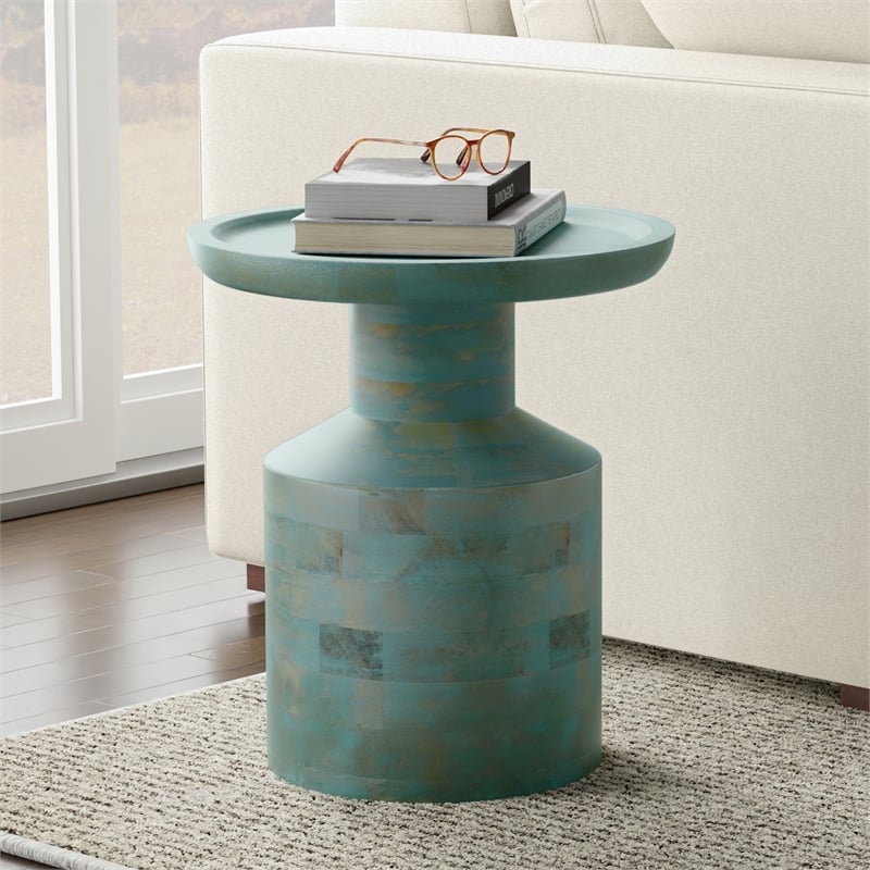 Pemberly Row Solid Mango Boho Accent Table in Teal Wash