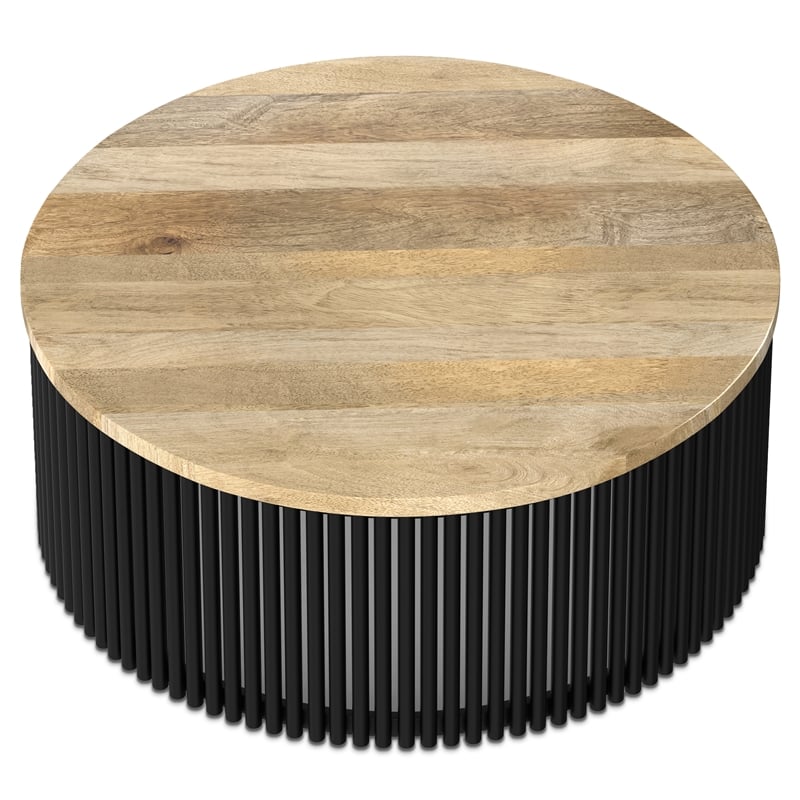 Pemberly Row Mango Wood Round Coffee Table in Natural and Black