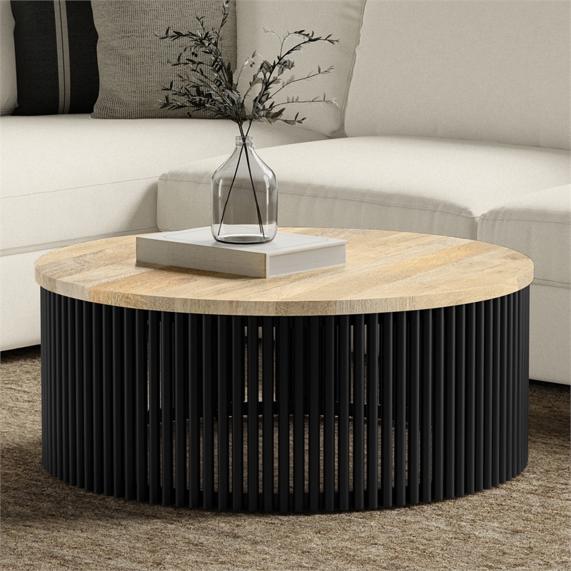 Pemberly Row Mango Wood Round Coffee Table in Natural and Black