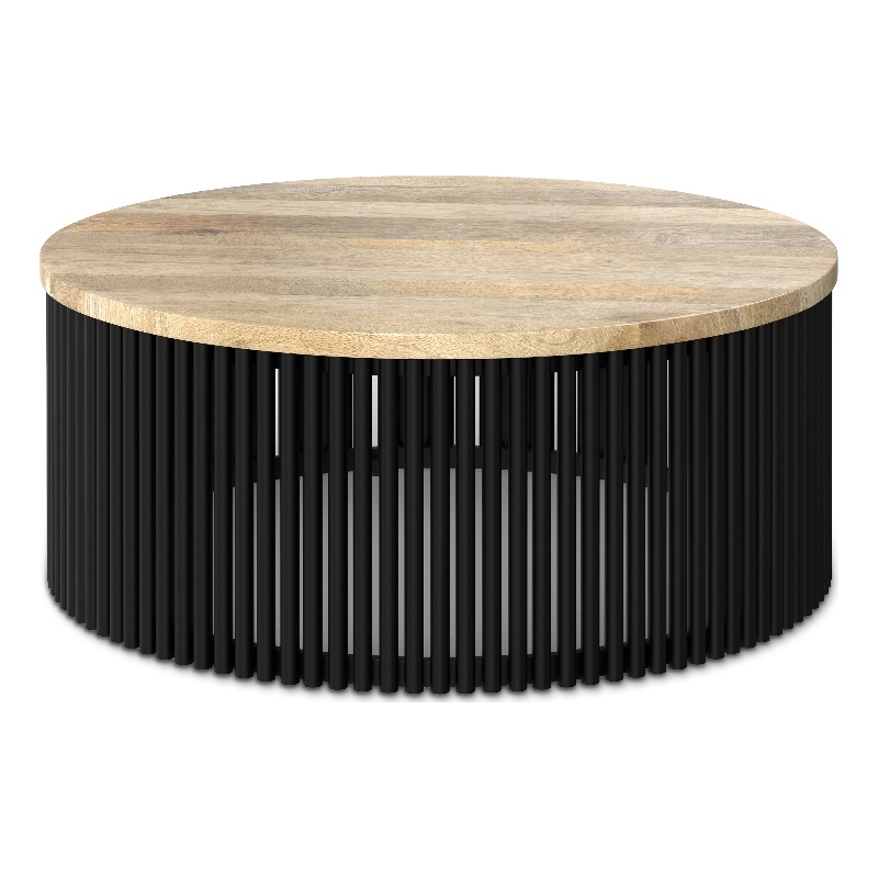 Pemberly Row Mango Wood Round Coffee Table in Natural and Black