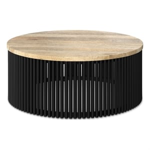 Pemberly Row Mango Wood Round Coffee Table in Natural and Black