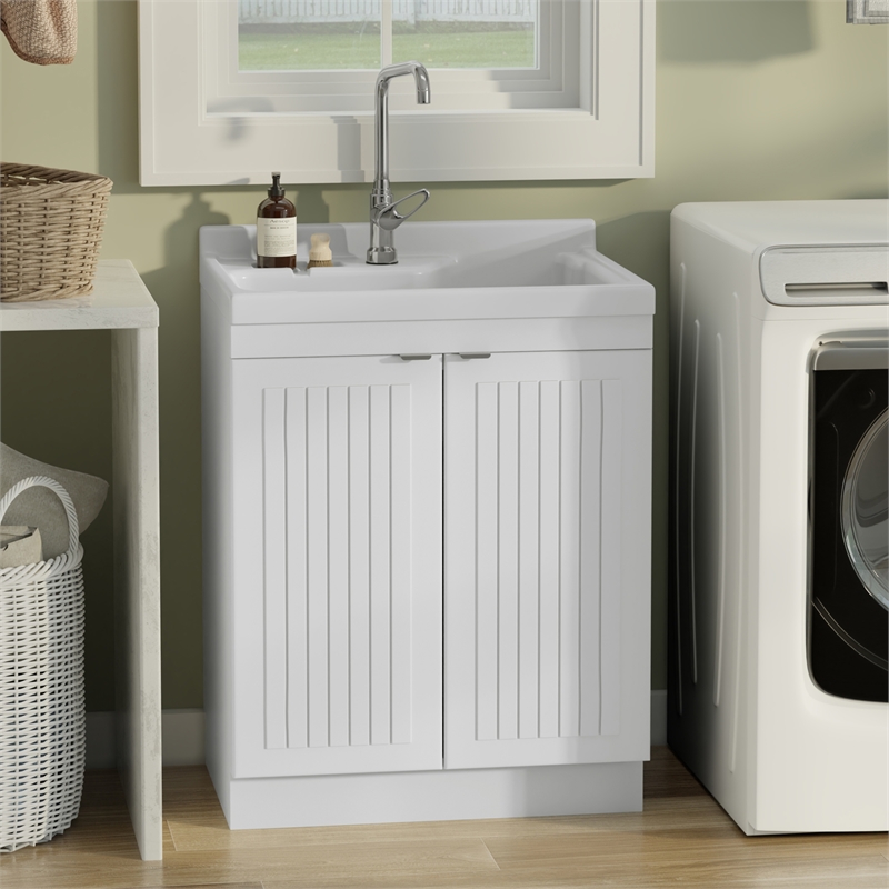 Pemberly Row 28-Inch Utility Sink Cabinet with ABS Sink in Pure White